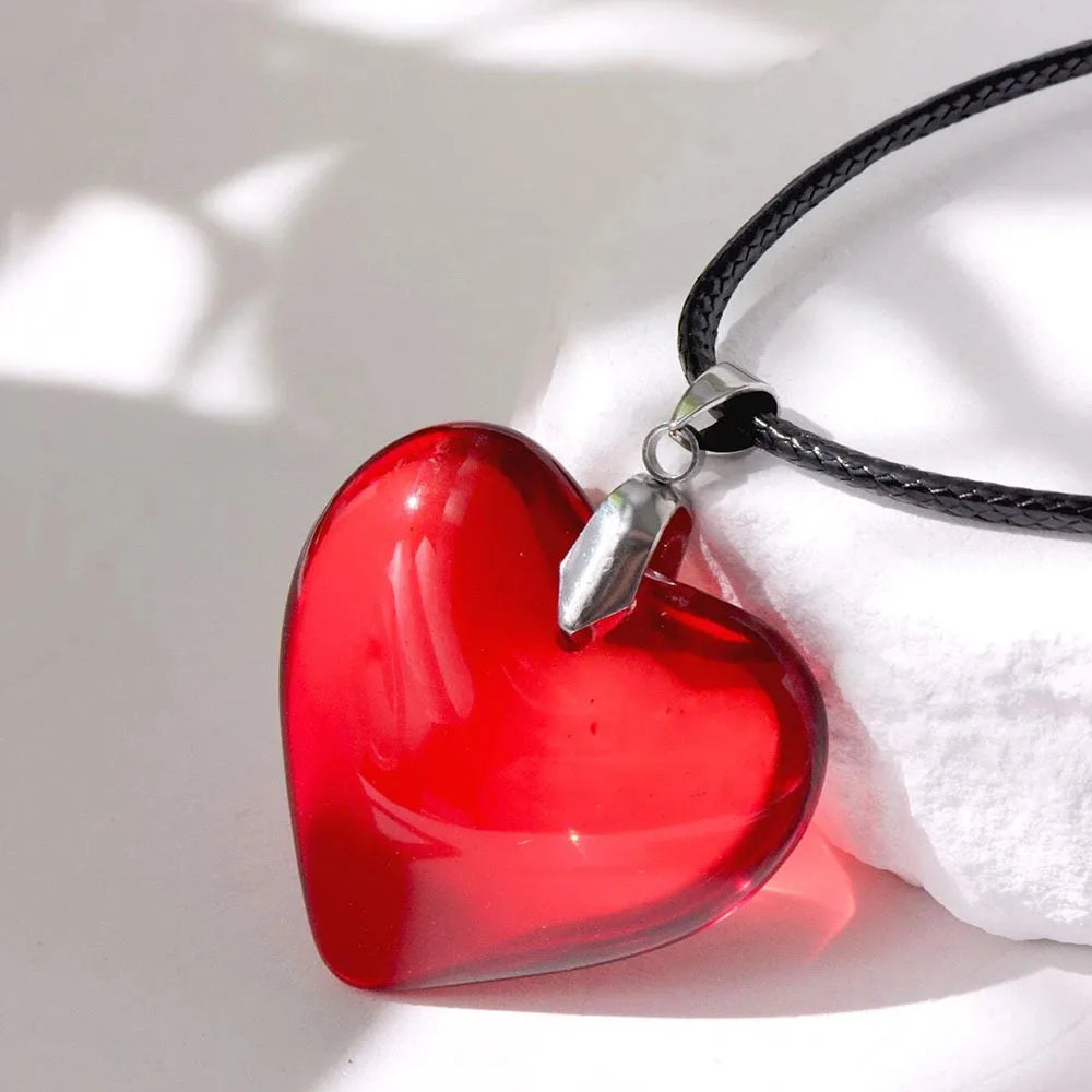 Red Heart Choker Necklace Coloured Glaze Heart Charms Pendant Necklace Big Heart Jewelry for Women Girls Heart Pendant Necklace